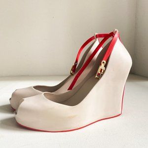 Melissa Light Nude Beige Red Accent Wedge Heels 7